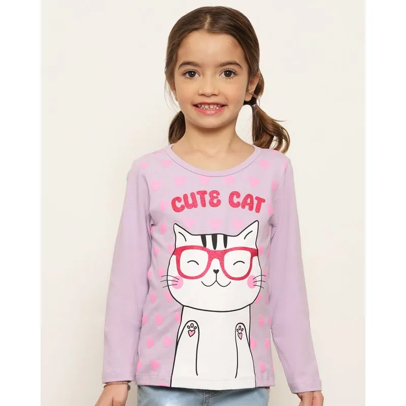 Blusa Infantil Manga Longa Estampa Frontal De Gatinho Lilás 8