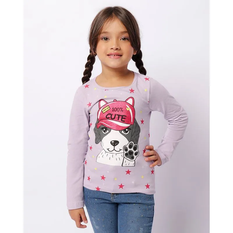 Blusa Infantil Estampa Dog Com Glítter Manga Longa Lilás 8
