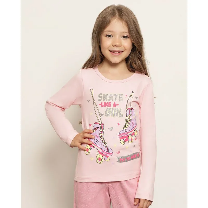 Blusa Infantil Manga Longa Estampa Patins Rosa 8