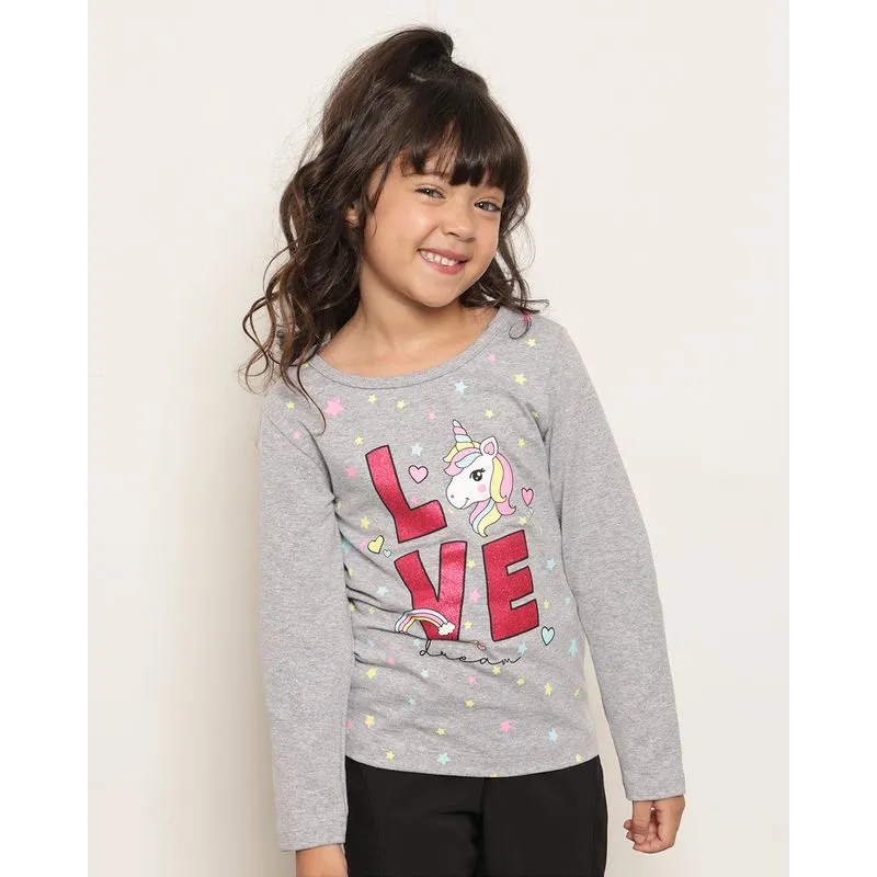 Blusa Infantil Estampa Unicórnio Manga Longa Cinza 10