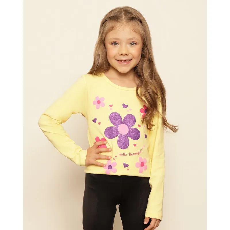 Blusa Infantil Estampa Flores Com Glítter Manga longa Amarela 10