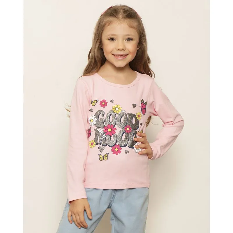 Blusa Infantil Manga Longa Estampa Good Mood Rosa 6