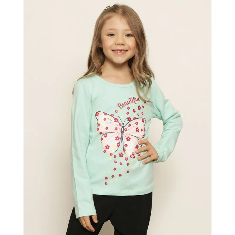 Blusa Infantil Manga Longa Estampa Borboleta Verde 8