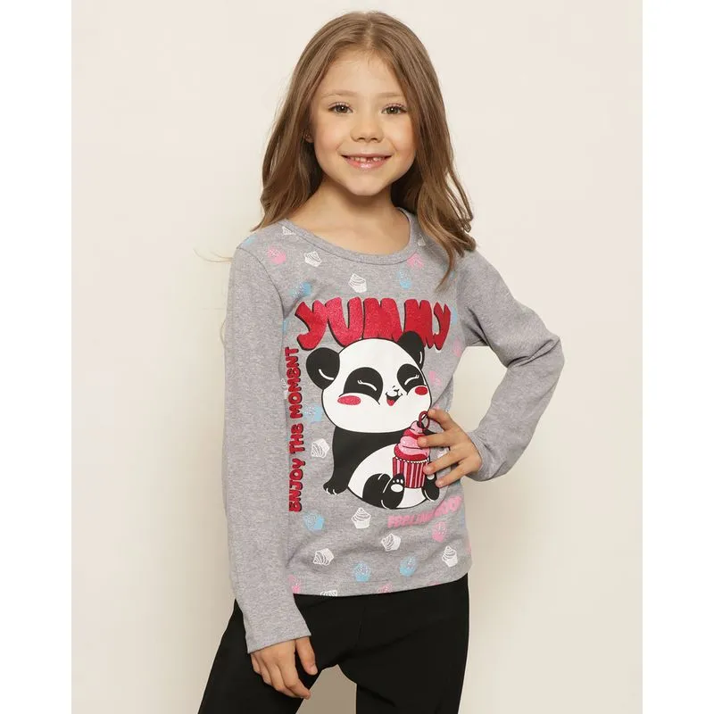 Blusa Infantil Manga Longa Estampa Panda Mescla Cinza 8