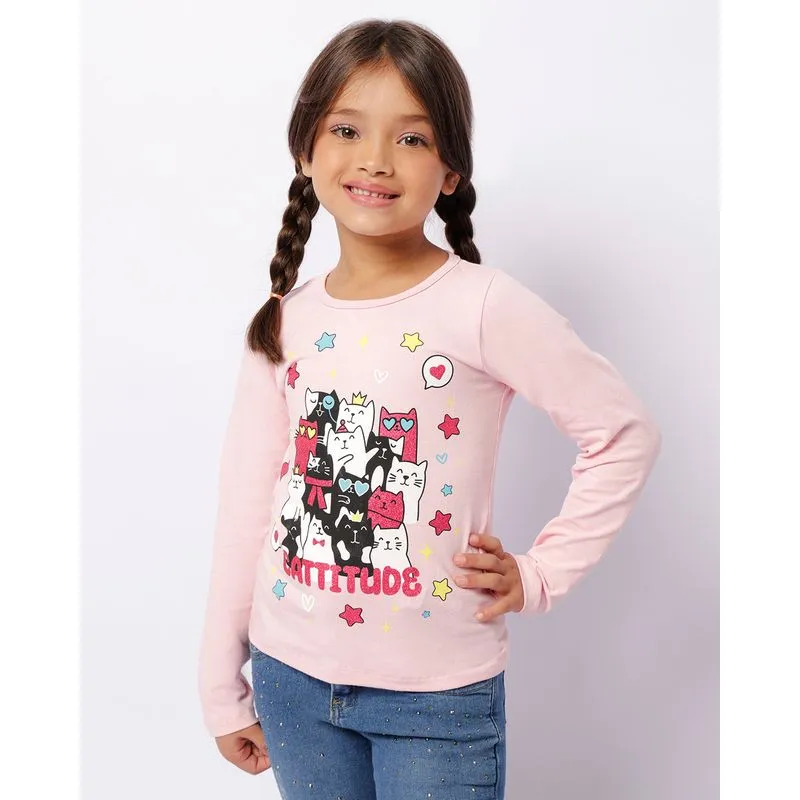 Blusa Infantil Estampa Gatinhos Com Glítter Manga Longa Rosa 8
