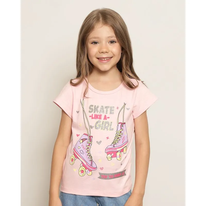 Blusa Infantil Manga Curta Estampa Patins Rosa 10