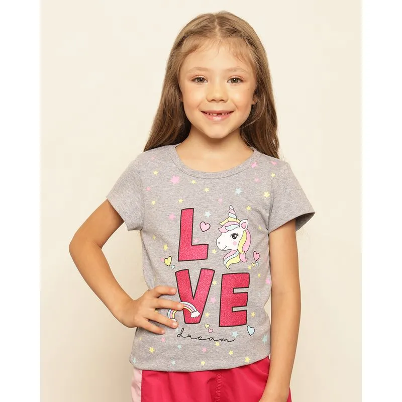 Blusa Infantil Estampa Unicórnio Com Glítter Manga Curta Cinza 10