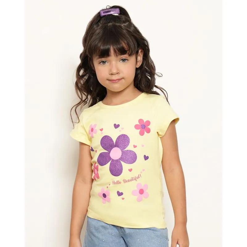 Blusa Infantil Estampa Flores Com Glítter Manga Curta Amarela 4