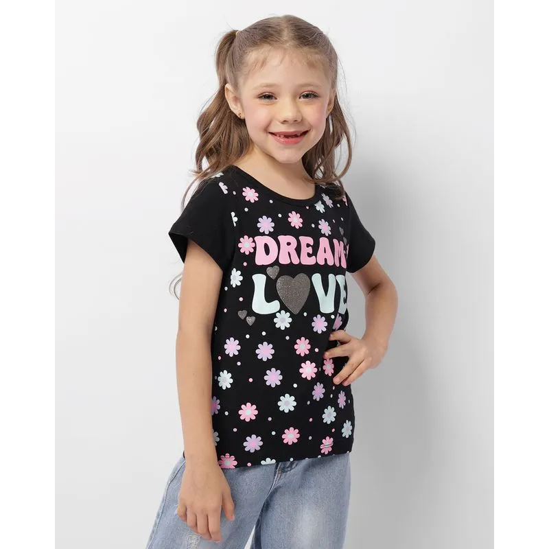 Blusa Infantil Manga Curta Estampa Frontal Florzinhas Preta 6