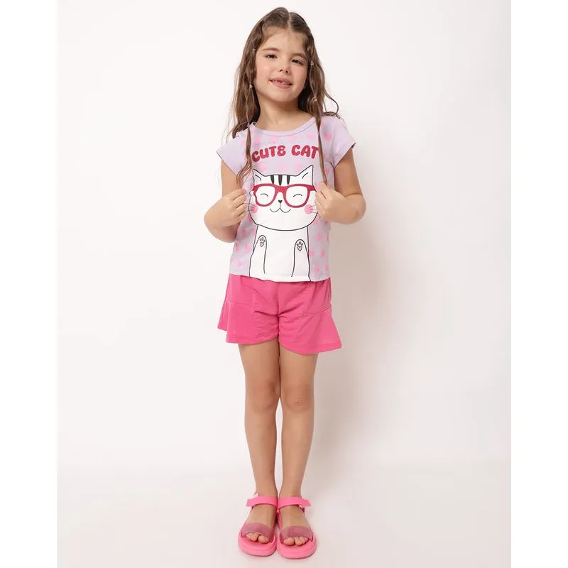 Camiseta Infantil com Estampa Gatinho e Corações Lilas 10