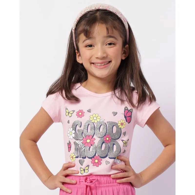 Blusa Infantil Algodão Estampa Flores com Glitter Manga Curta Rosa 10