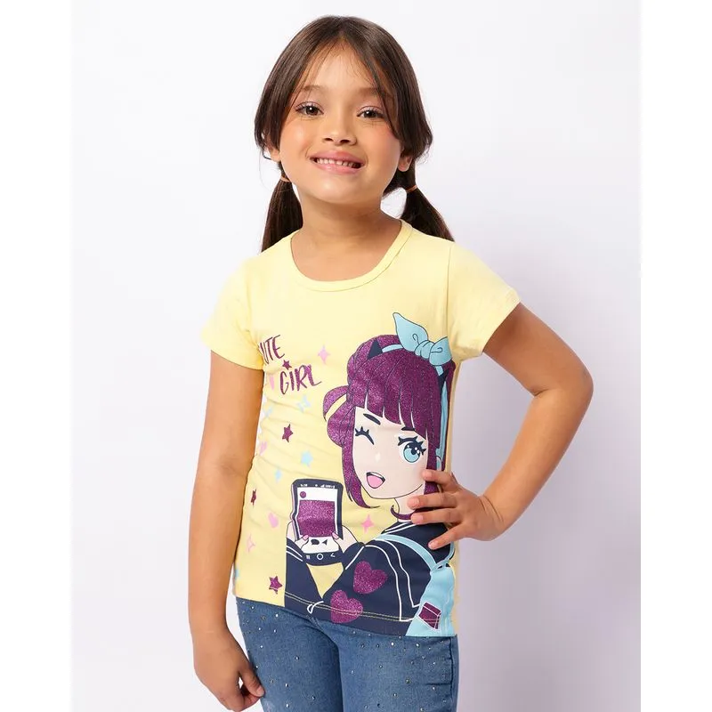 Blusa Infantil Estampa Girl Com Glítter Manga Curta Amarela 4