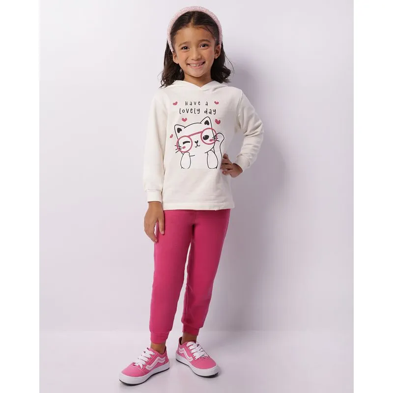 Conjunto Moletom Infantil Com Capuz Estampa Gato Off White 4