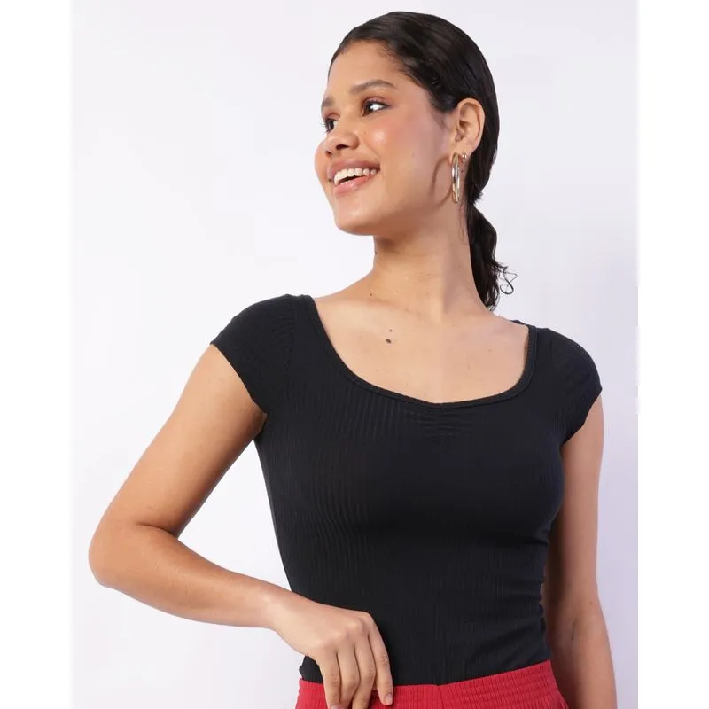 Blusa Feminina Manga Curta Canelada Preta P