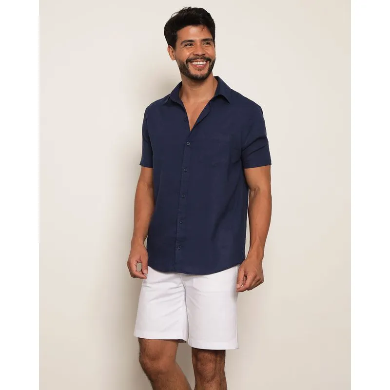 Camisa Masculina Manga Curta Viscolinho Azul G