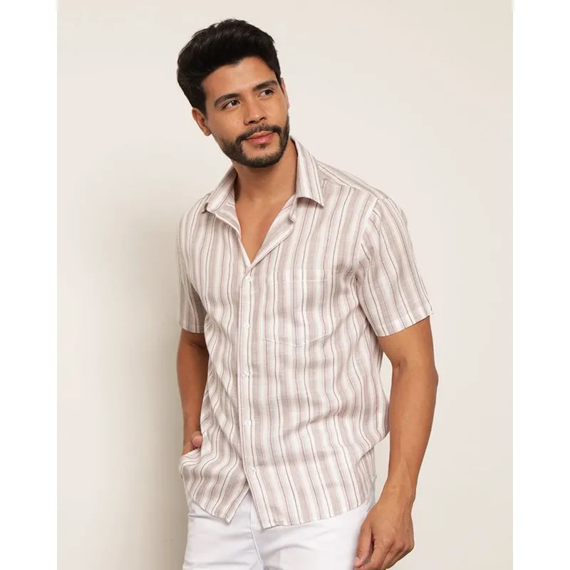 Camisa Masculina Manga Curta Viscose Listrada Bege GG
