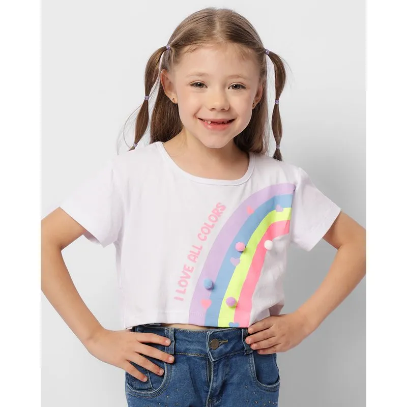 Blusa Infantil Cropped Manga Curta Estampa Frontal Com Aplique Pompom Branca 6