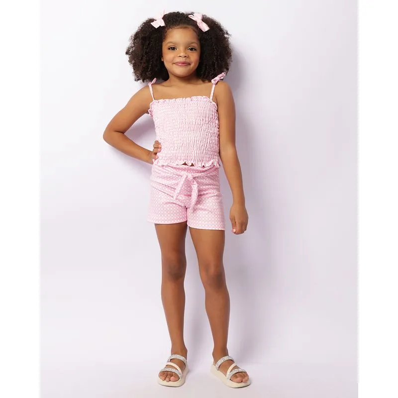 Conjunto Infantil Curto Lastex Estampa Xadrez Rosa 4