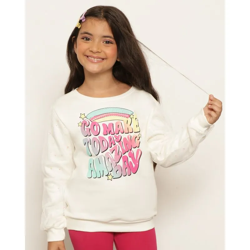 Blusão Moletom Infantil Peluciado Com Tule E Aplicação Estrelas Off White 10