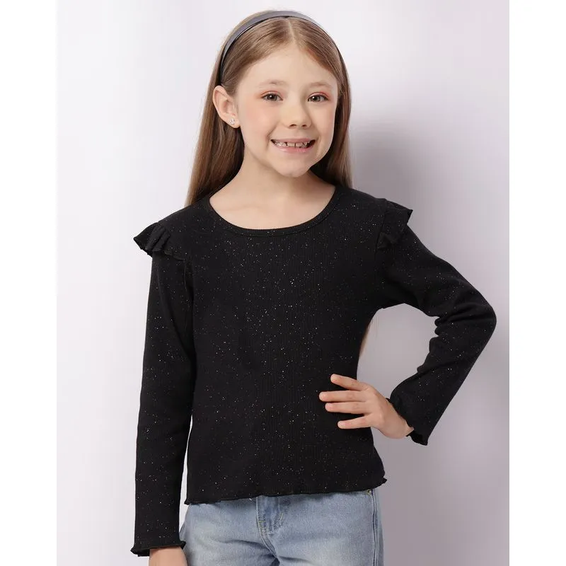 Blusa Infantil Manga Longa Canelada Babado Com Glitter Preta 4