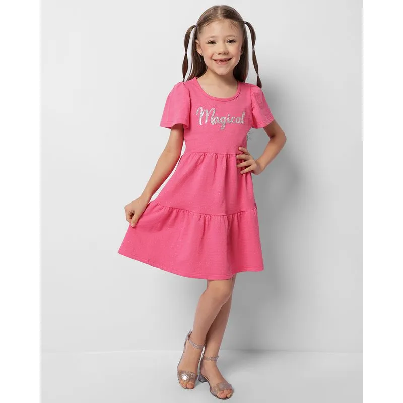 Vestido Infantil Curto Com Glitter Estampa Paetê Com Glitter Rosa 4