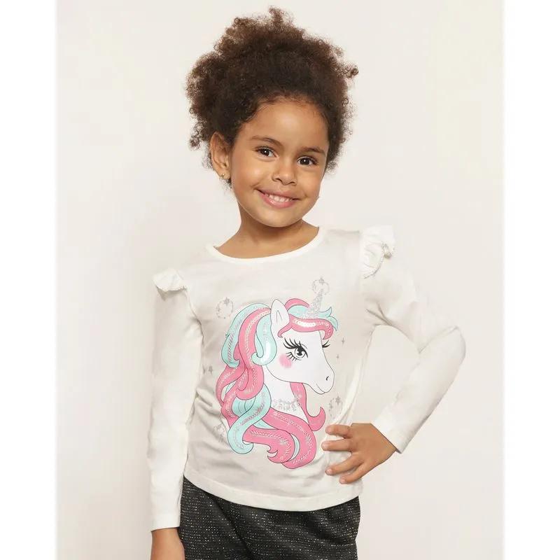 Blusa Infantil Manga Longa Estampa Unicórnio Off White 6