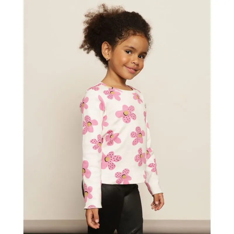 Blusa Infantil Manga Longa Canelada Estampa Flores Off White 6
