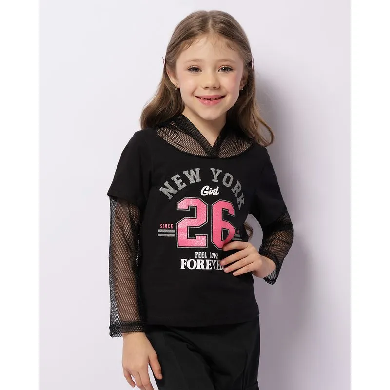 Blusa Infantil Manga Longa Estampa Frontal Com Recortes Telado Preta 4