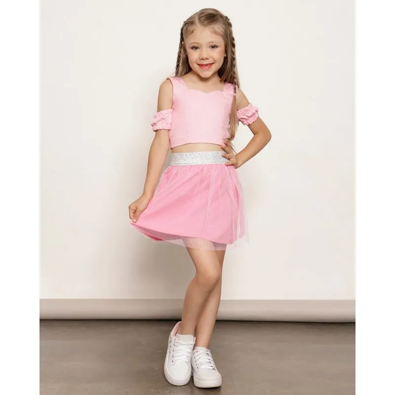 Saia Infantil Curta Tule Com Glítter Rosa 6