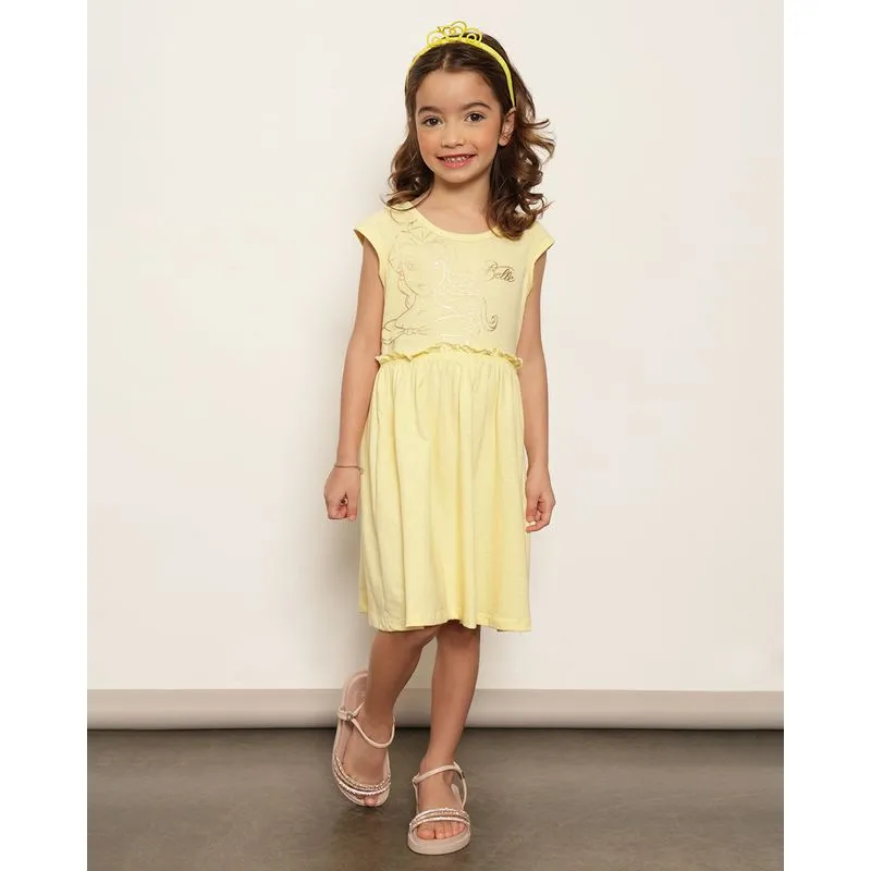 Vestido Infantil Curto Disney Bela Com Brinde Tiara Amarelo 8