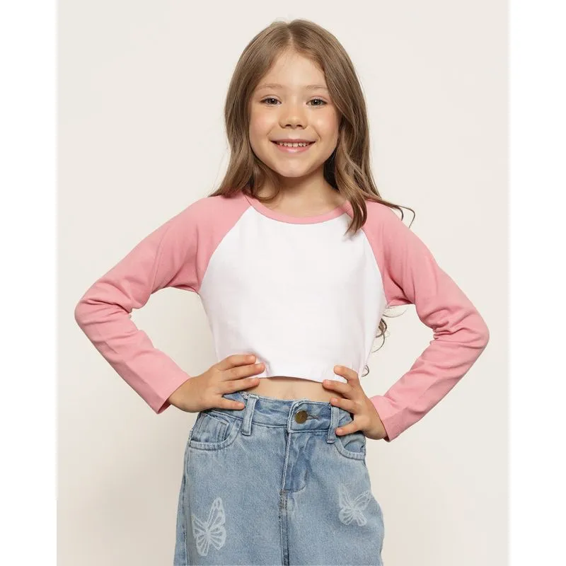 Blusa Infantil Cropped Manga Longa Raglan Recorte Rosa 10