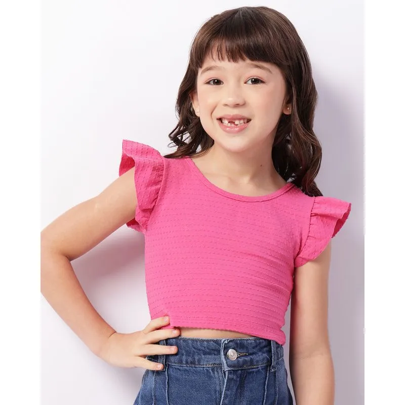 Blusa Cropped Infantil Texturizada Manga Curta Com Babado Rosa 4