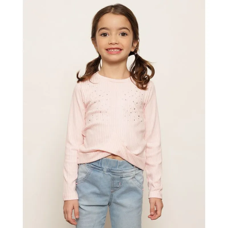 Blusa Infantil Manga Longa Canelada Aplicação Brilhos Rosa 6