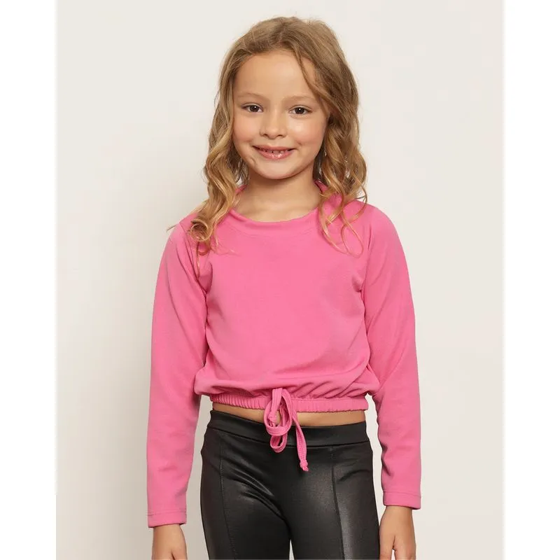 Blusa Cropped Infantil Crepe Manga Longa Rosa 6