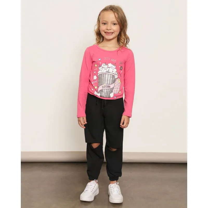 Calça Infantil Crepe Jogger Com Recortes Preta 8