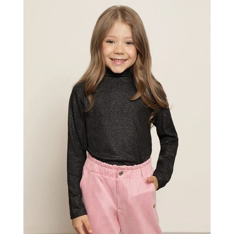 Blusa Infantil Canelada Gola Alta Com Glitter Preta 4