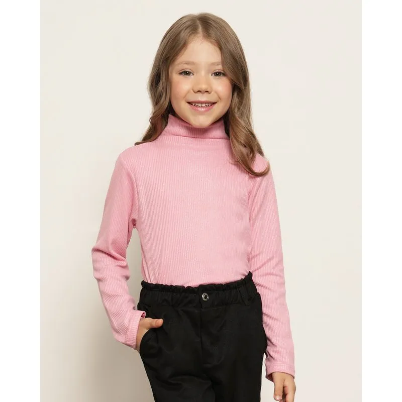 Blusa Infantil Canelada Gola Alta Com Glitter Rosa 4