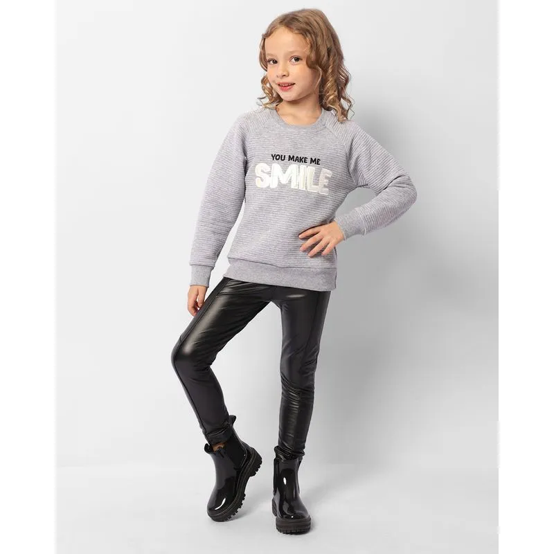 Calça Legging Infantil Cirrê Recortes Com Aplicação Preta 8