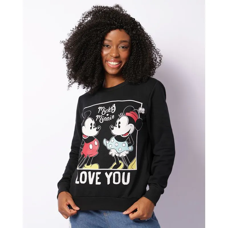 Blusão Moletom Feminino Peluciado Disney Estampa Mickey E Minnie Preto M