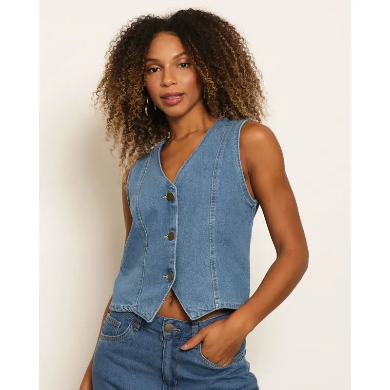 Colete Jeans Feminino Decote V Azul P