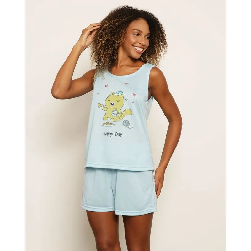 Pijama Feminino Curto Estampa Gatinho Azul M