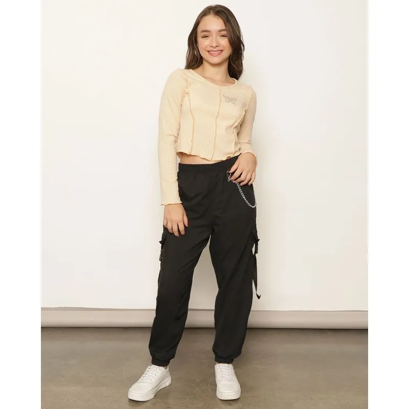 Calça Juvenil Jogger Bolso Cargo Corrente Preta 10