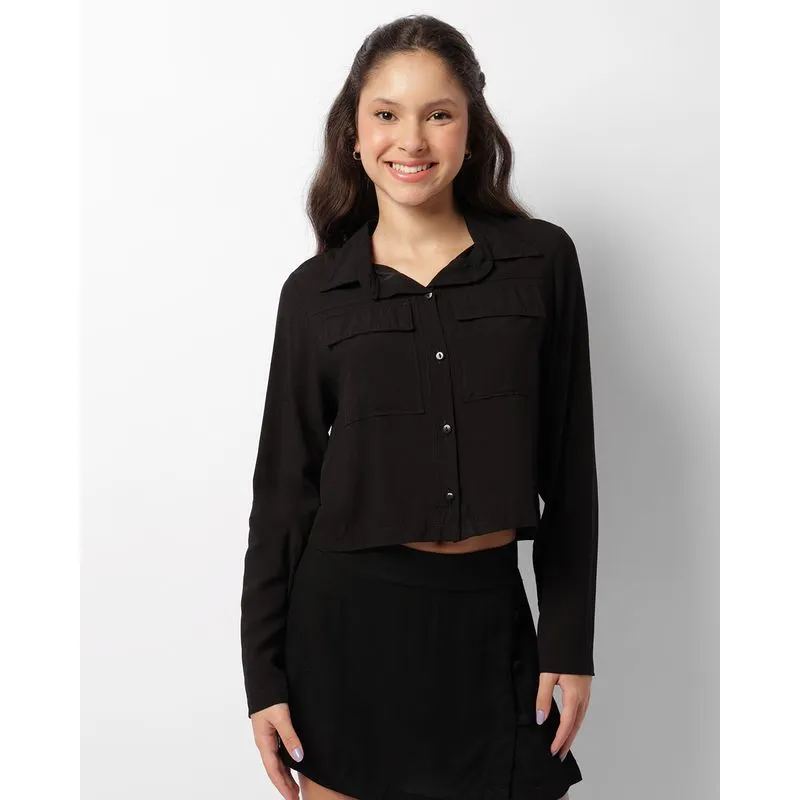Camisa Juvenil Manga Longa Viscose Preta 16