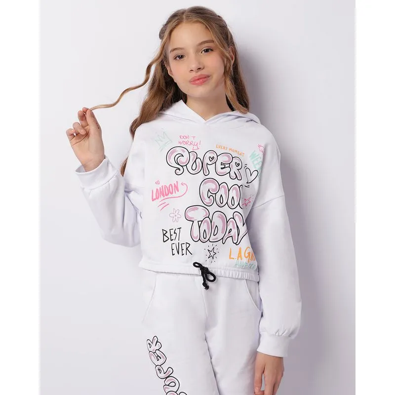 Blusão Moletom Juvenil Cropped Peluciado Estampado Com Capuz Branco 10