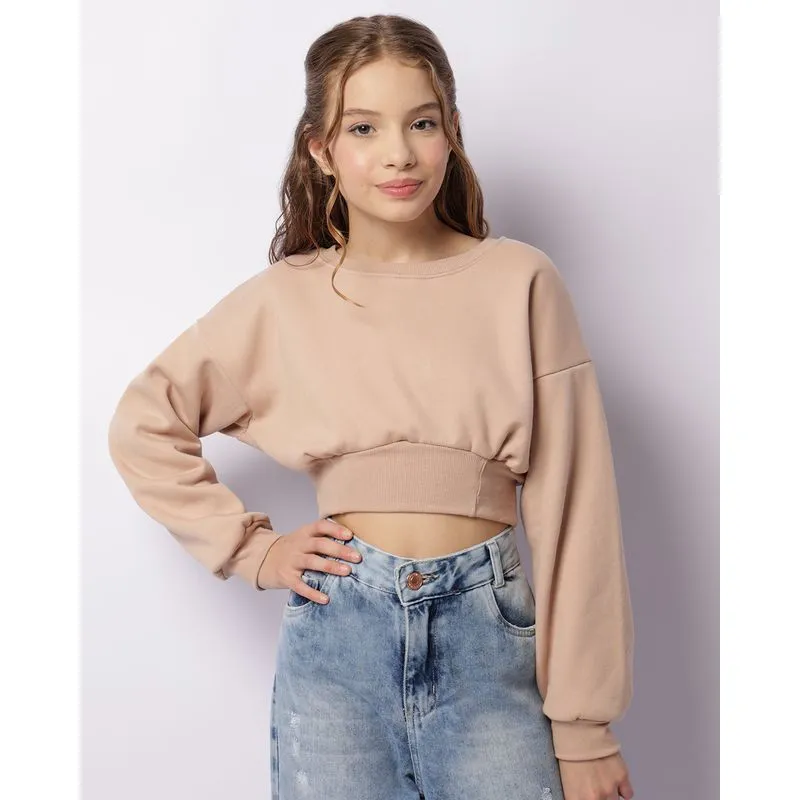 Blusão Moletom Juvenil Cropped Peluciado Bege 12