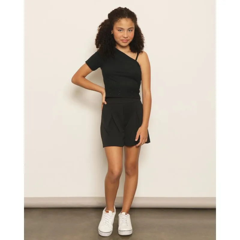Short Juvenil Crepe Curto Com Pregas Preto 16