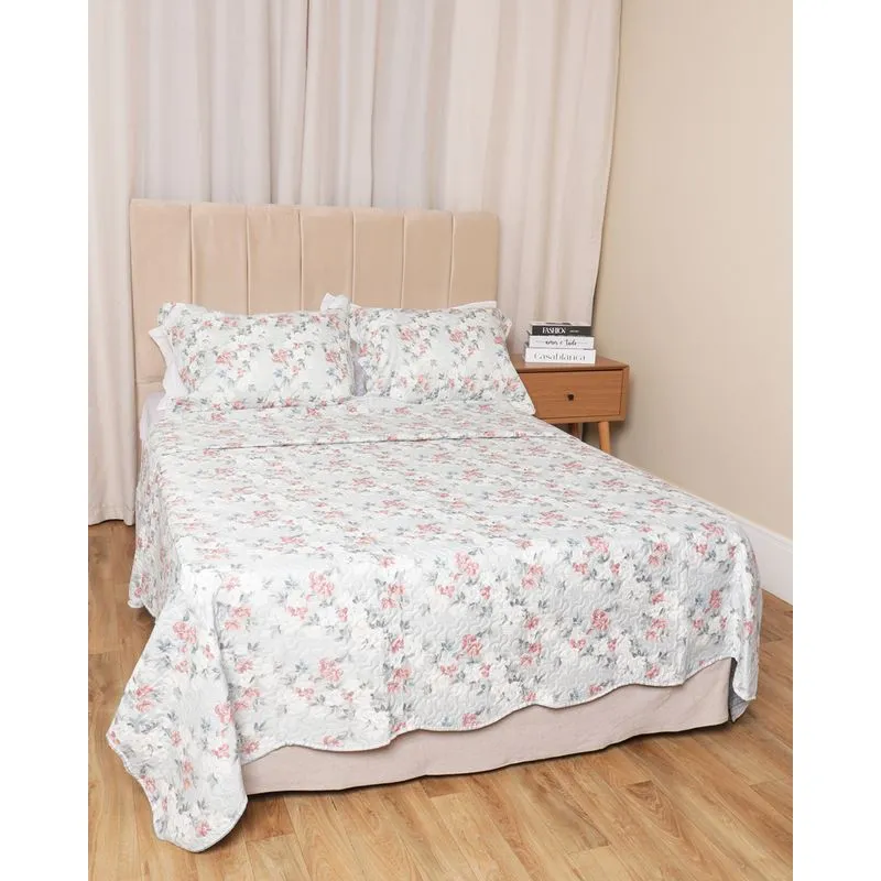 Kit Colcha Queen 3 Peças Corttex Dupla Face Floral Azul UN
