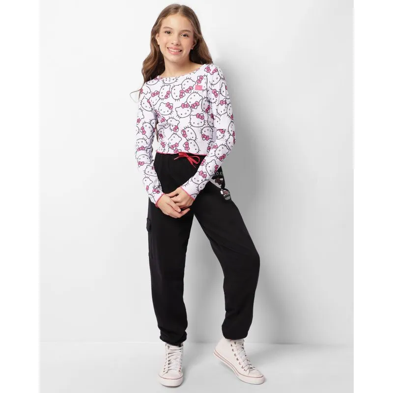 Calça Juvenil Moletinho Jogger Bolso Cargo Estampa Hello Kitty Preta 12