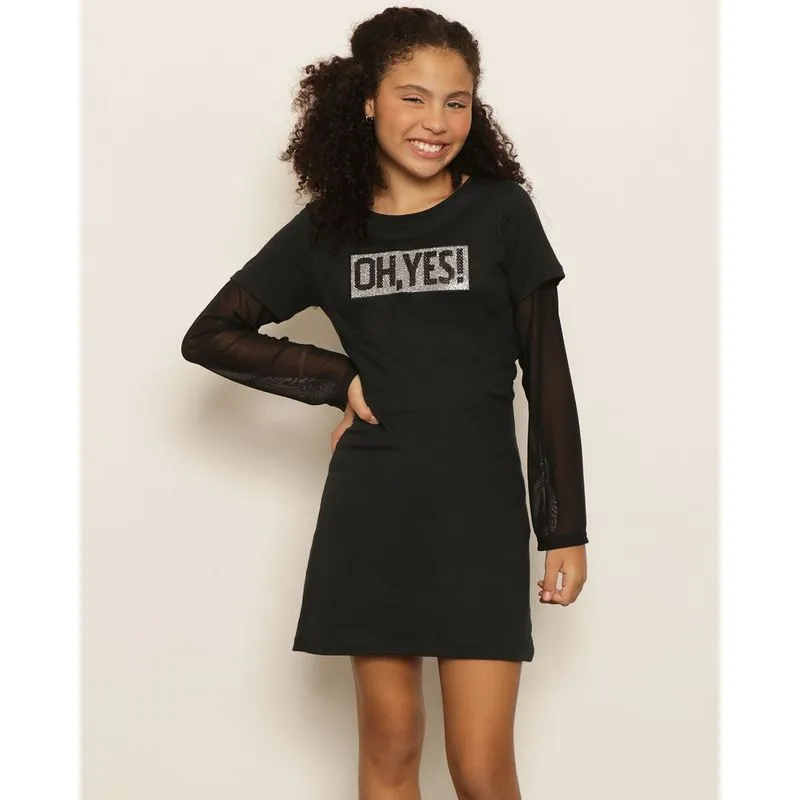 Vestido Juvenil Curto Manga Longa Em Tule Preto 14