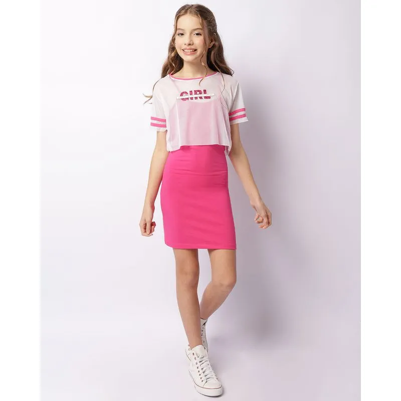 Vestido Juvenil Curto Com Sobreposição Telada Rosa 14